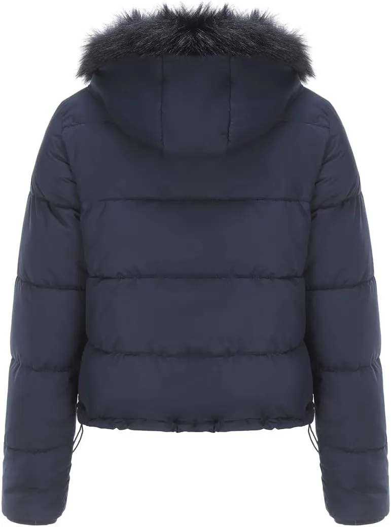 Women's Winter Hooded Cropped Coat Waterproof Down Jacket Warm Thicken Puffer Outwear with Removable Faux Fur Hood
