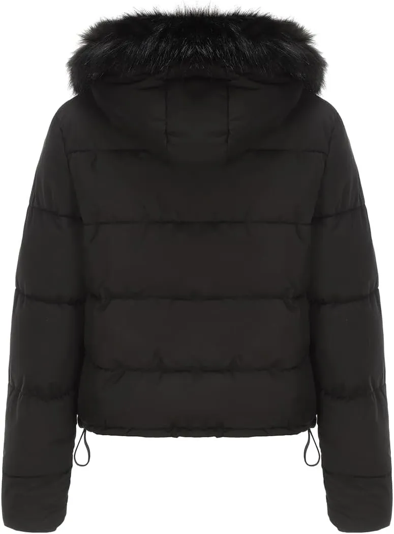 Women's Winter Hooded Cropped Coat Waterproof Down Jacket Warm Thicken Puffer Outwear with Removable Faux Fur Hood