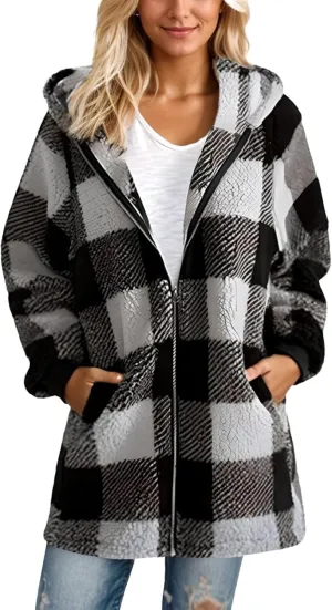 Womens Winter Jackets Plus Size Zip Up Soft Plush Hoodies Sherpa Cardigan Plaid Packable Coats With Pockets Clothes