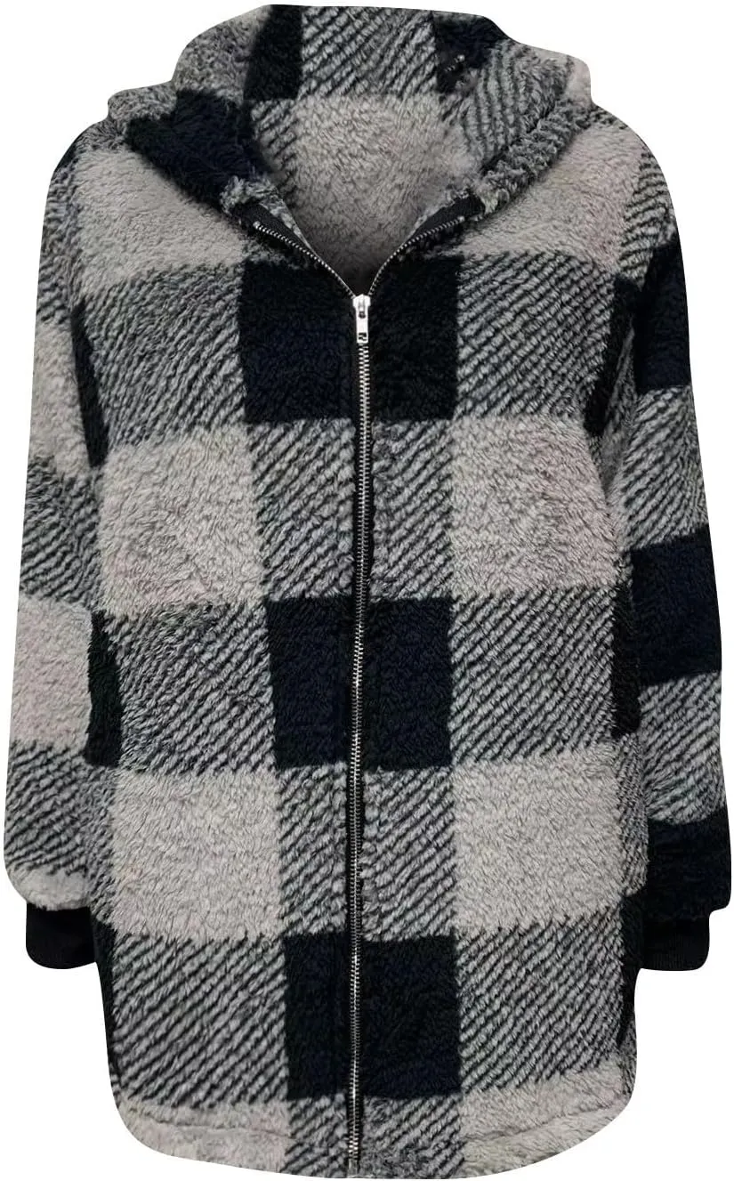 Womens Winter Jackets Plus Size Zip Up Soft Plush Hoodies Sherpa Cardigan Plaid Packable Coats With Pockets Clothes