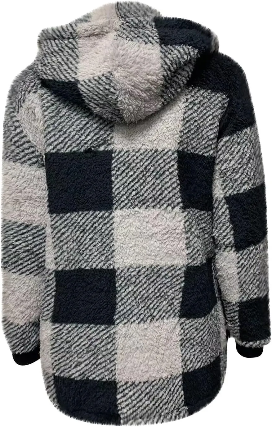 Womens Winter Jackets Plus Size Zip Up Soft Plush Hoodies Sherpa Cardigan Plaid Packable Coats With Pockets Clothes