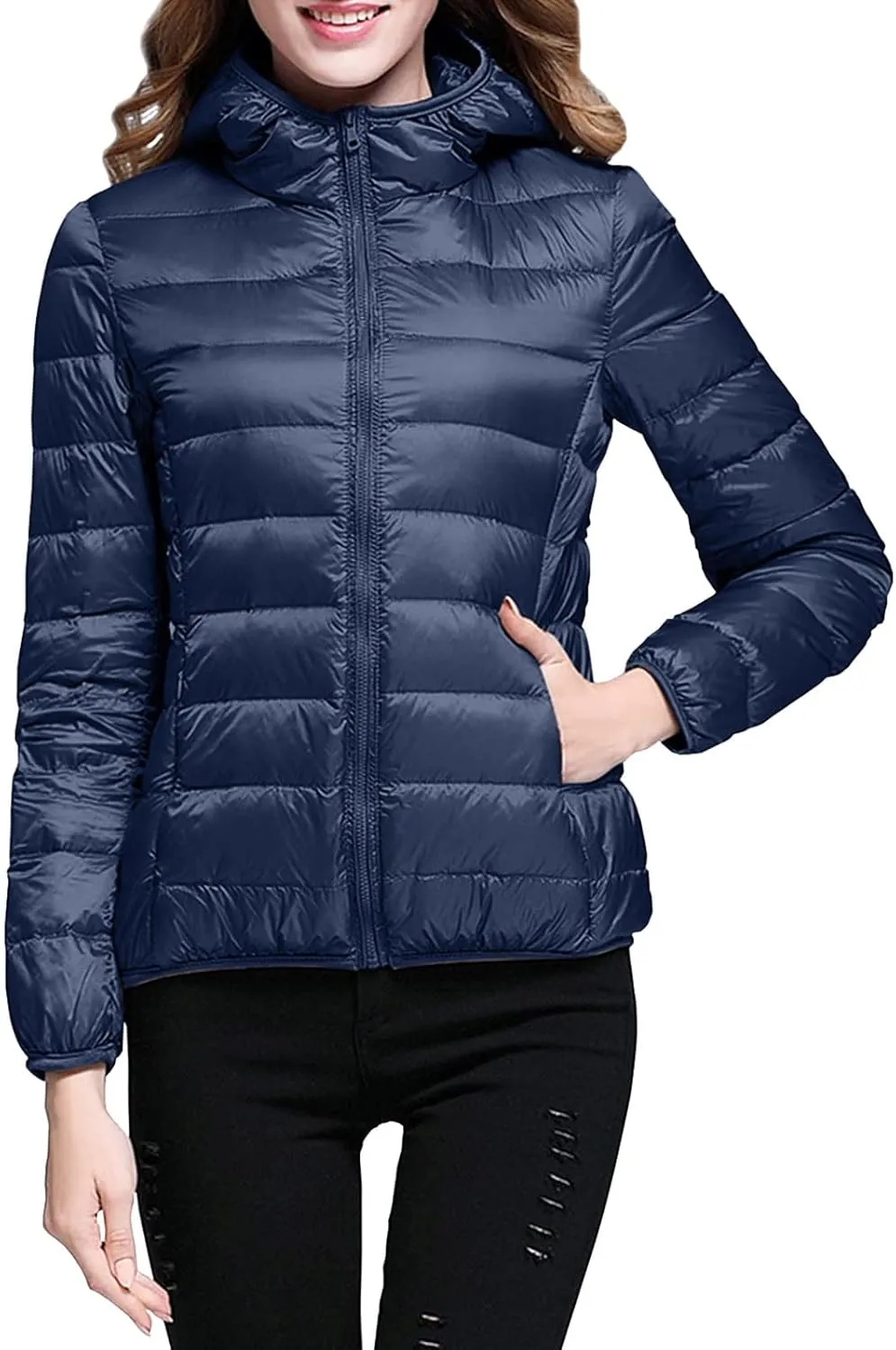 Womens Winter Lightweight Packable Puffer Coats Slim Fit Windproof Quilted Hooded Down Jackets Outerwear with Pockets
