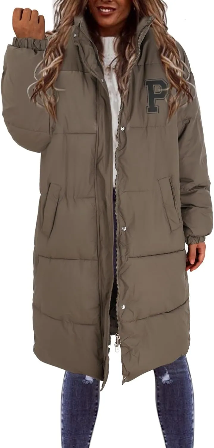 Women's Winter Thickened Down Jackets Long Quilted Puffer Coats Warm Loose Fit Casual Trendy P Letter Outerwear