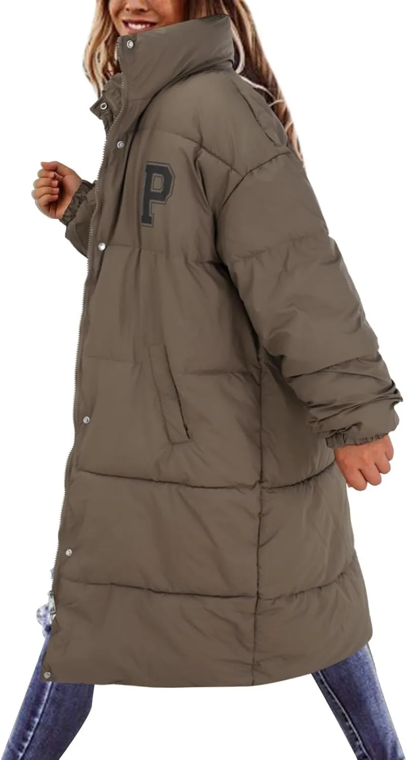 Women's Winter Thickened Down Jackets Long Quilted Puffer Coats Warm Loose Fit Casual Trendy P Letter Outerwear