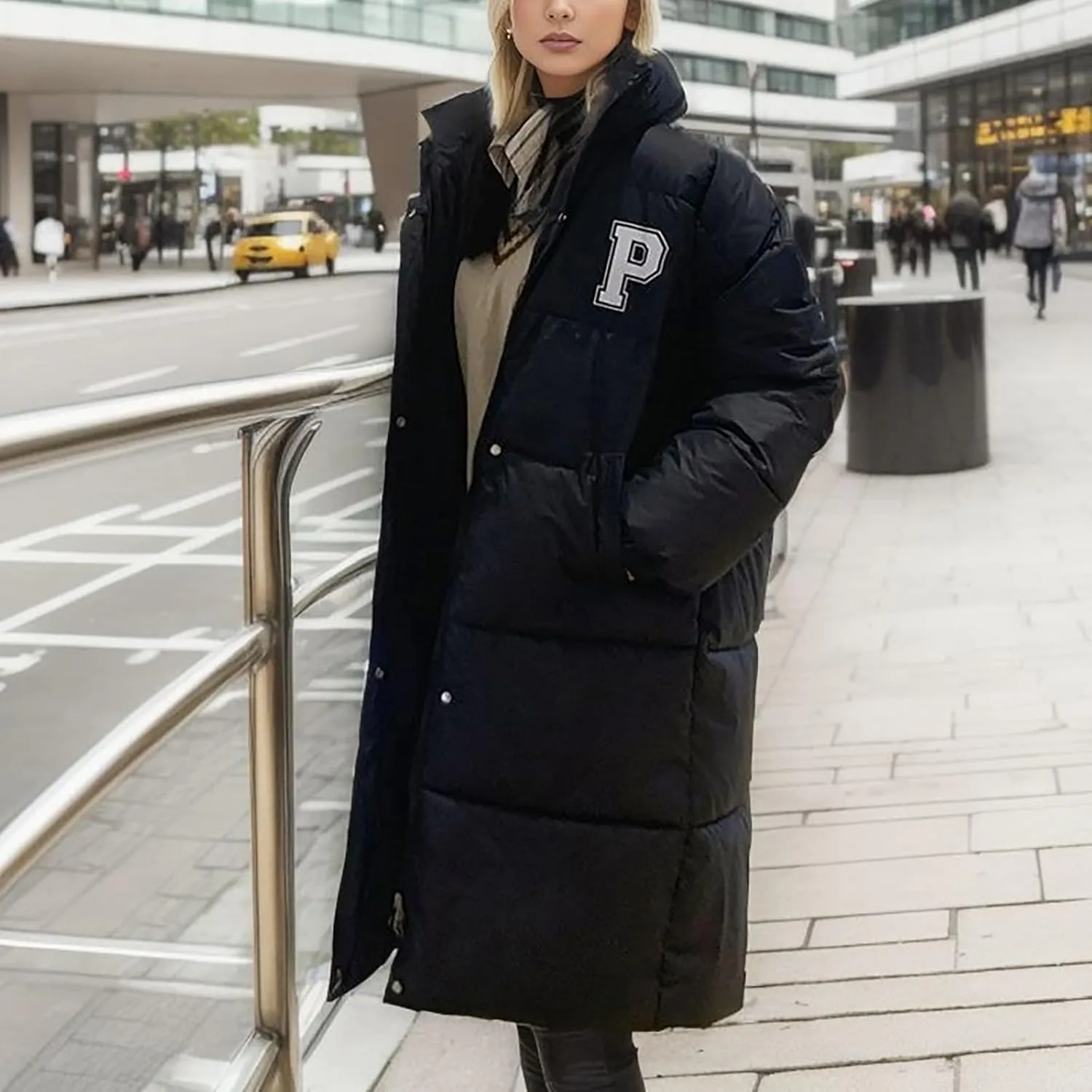 Women's Winter Thickened Down Jackets Long Quilted Puffer Coats Warm Loose Fit Casual Trendy P Letter Outerwear