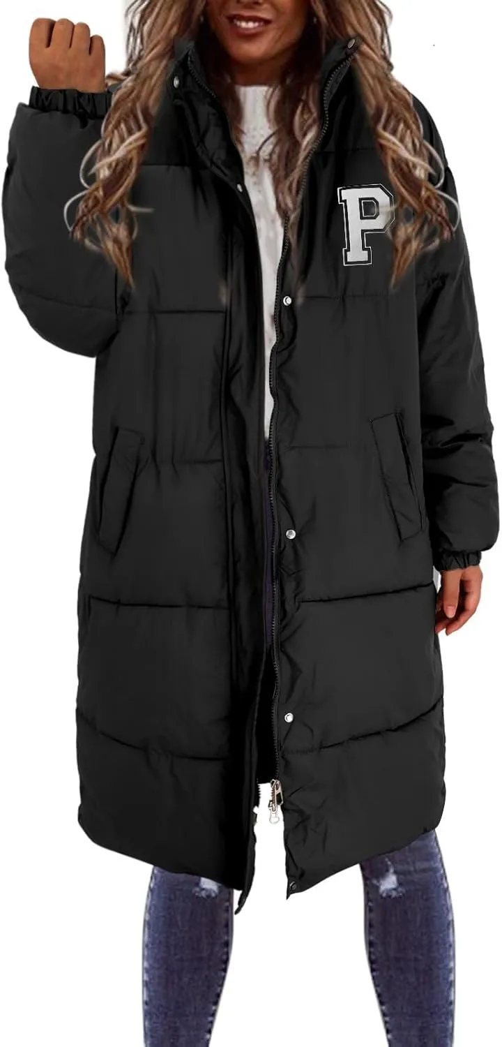 Women's Winter Thickened Down Jackets Long Quilted Puffer Coats Warm Loose Fit Casual Trendy P Letter Outerwear