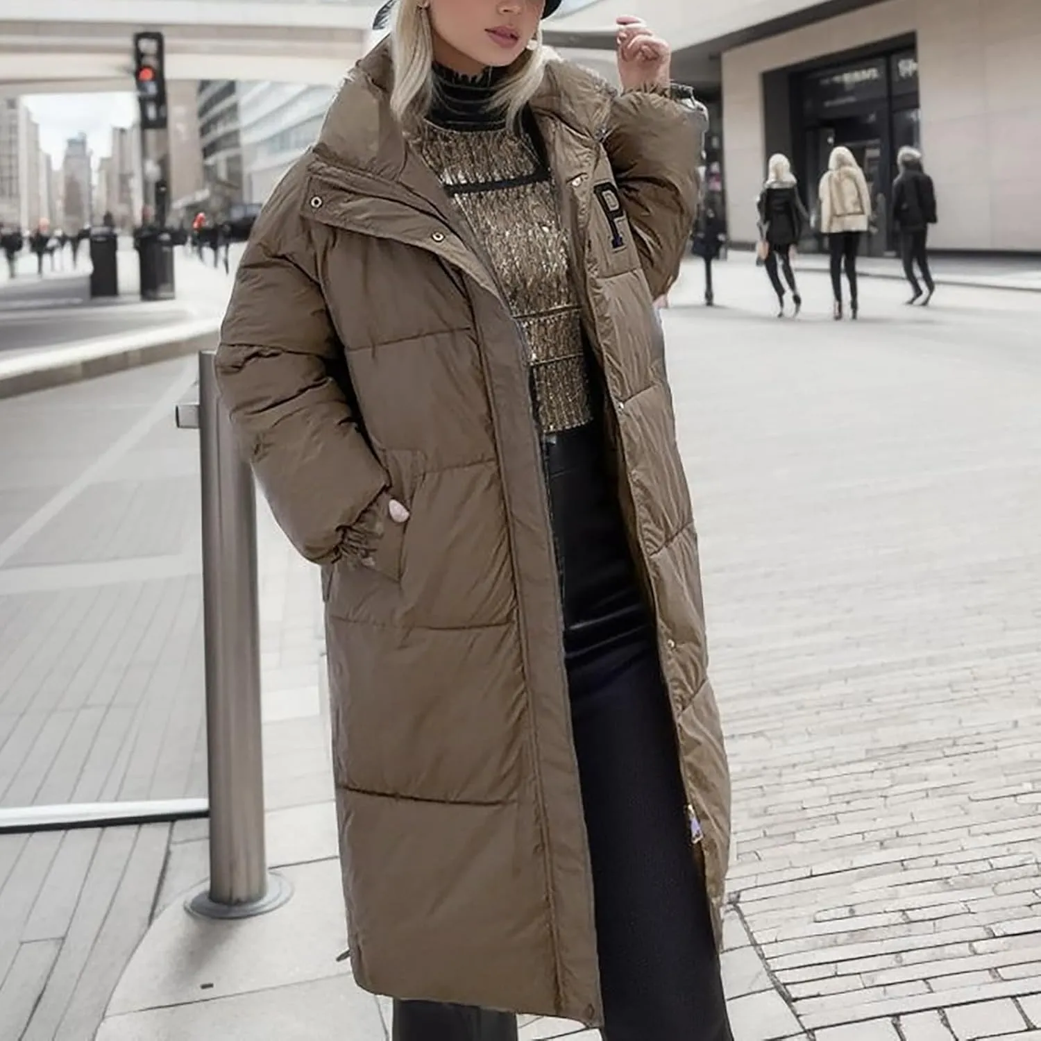 Women's Winter Thickened Down Jackets Long Quilted Puffer Coats Warm Loose Fit Casual Trendy P Letter Outerwear