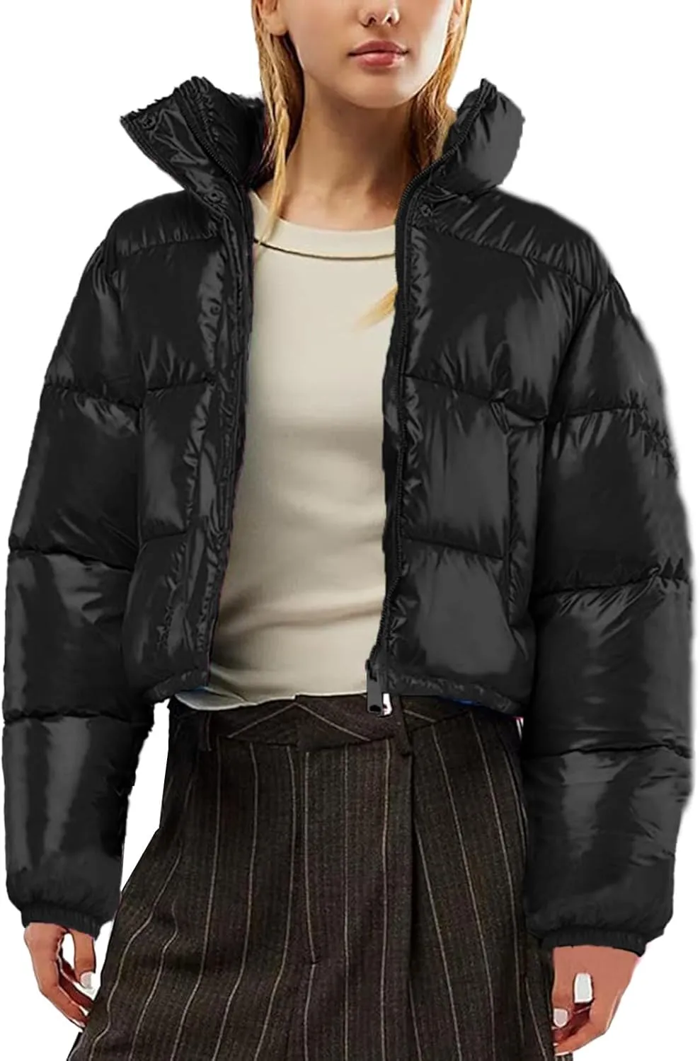 Women's Winter Warm Stand Collar Jackets Slim Fit Cropped Puffer Down Coats Casual Stylish Winter Outerwear