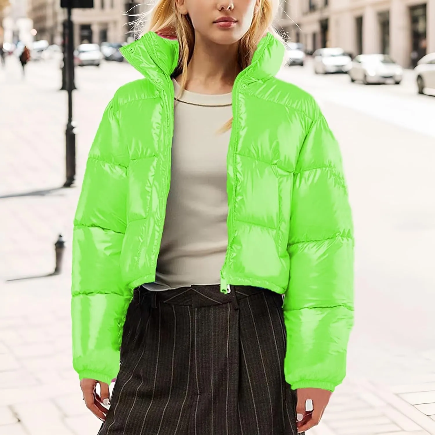 Women's Winter Warm Stand Collar Jackets Slim Fit Cropped Puffer Down Coats Casual Stylish Winter Outerwear