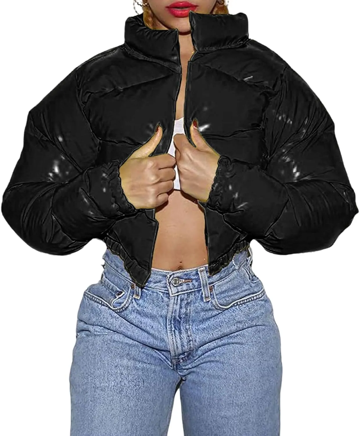 Women's Winter Warm Stand Collar Jackets Slim Fit Cropped Puffer Down Coats Casual Stylish Winter Outerwear