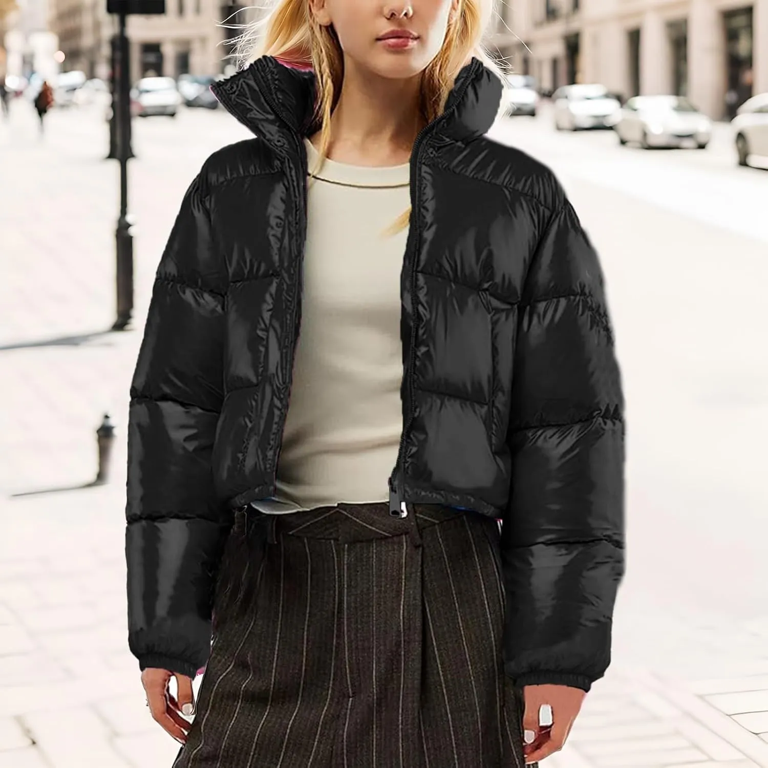 Women's Winter Warm Stand Collar Jackets Slim Fit Cropped Puffer Down Coats Casual Stylish Winter Outerwear