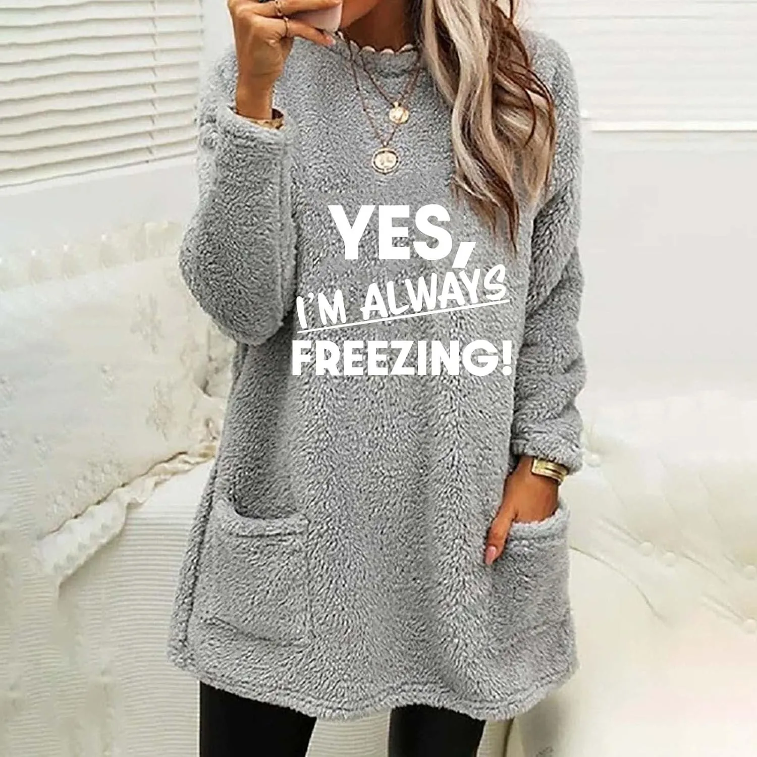 Yes I'm Always Freezing Fleece Top Women Mid Length Crewneck Long Sleeve Fuzzy Pullover Winter Warm Pocket Sweatshirt